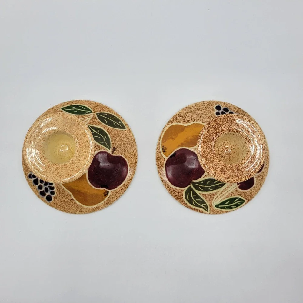 Folk Art Glazed Pottery Pair Candle Stick Holders Signed ARTIA Cherries Fruits